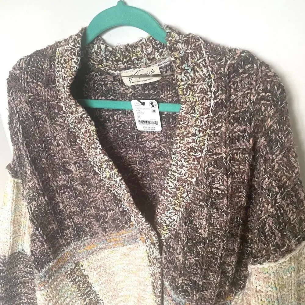 Free People Isabella Cardigan Chunky Knit Slouchy Brown Cream Patchwork L